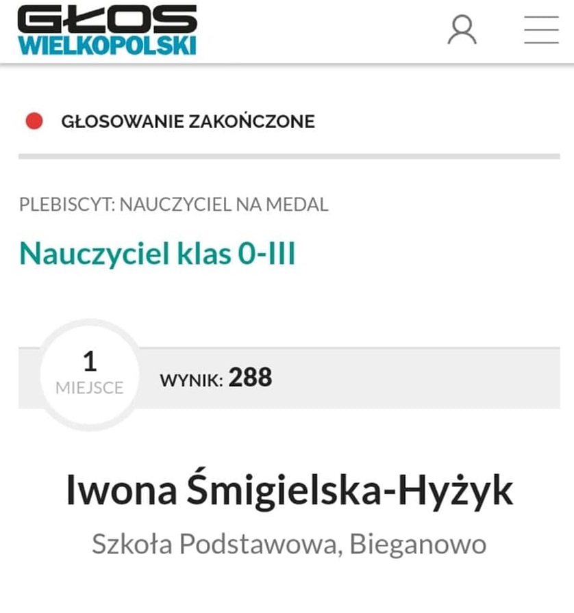 Informacja o uzyskaniu 1 miejsca dla nauczyciela w plebiscycie nauczyciel na medal